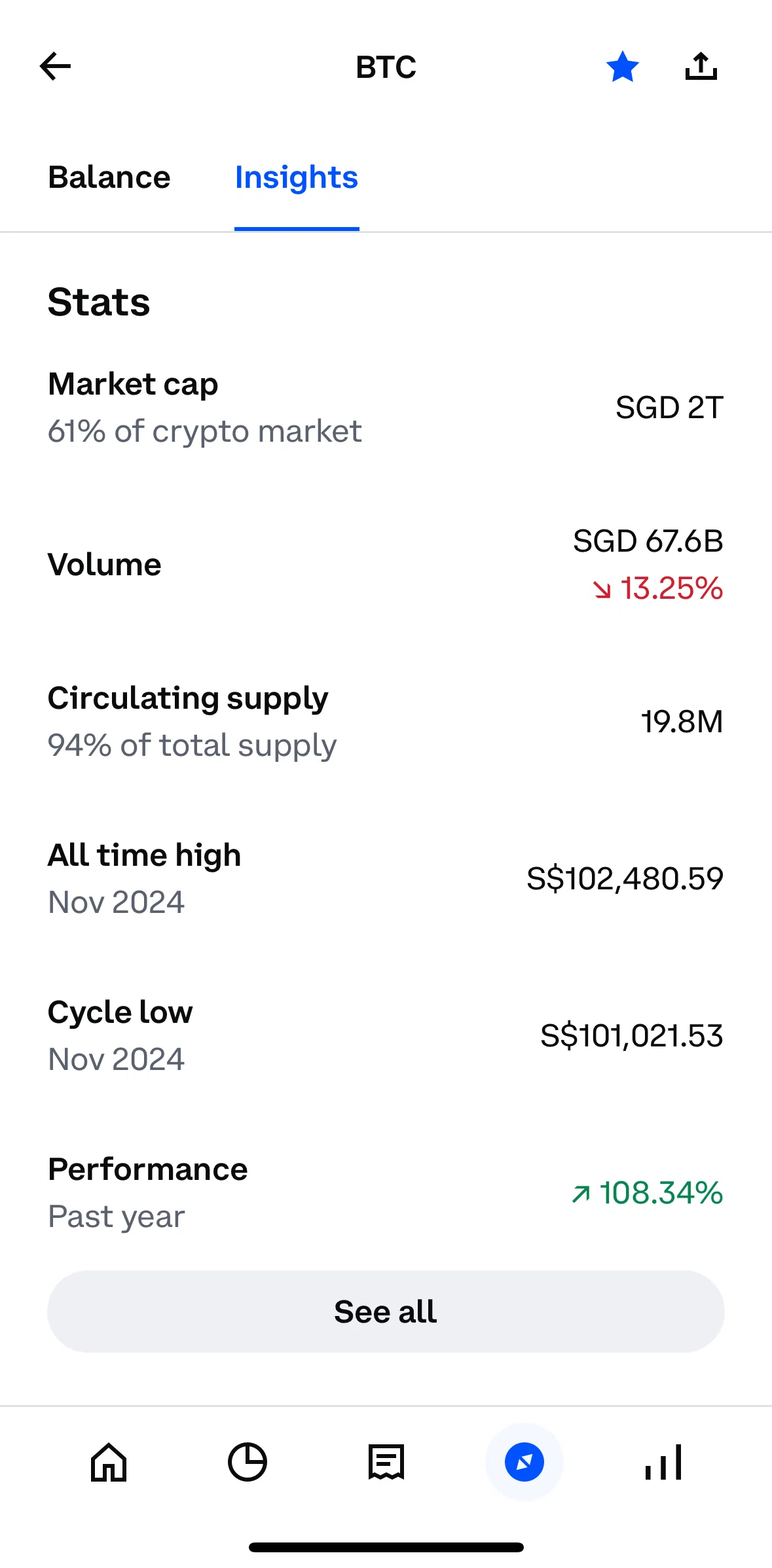 Coinbase Screen screen in the See all stats flow