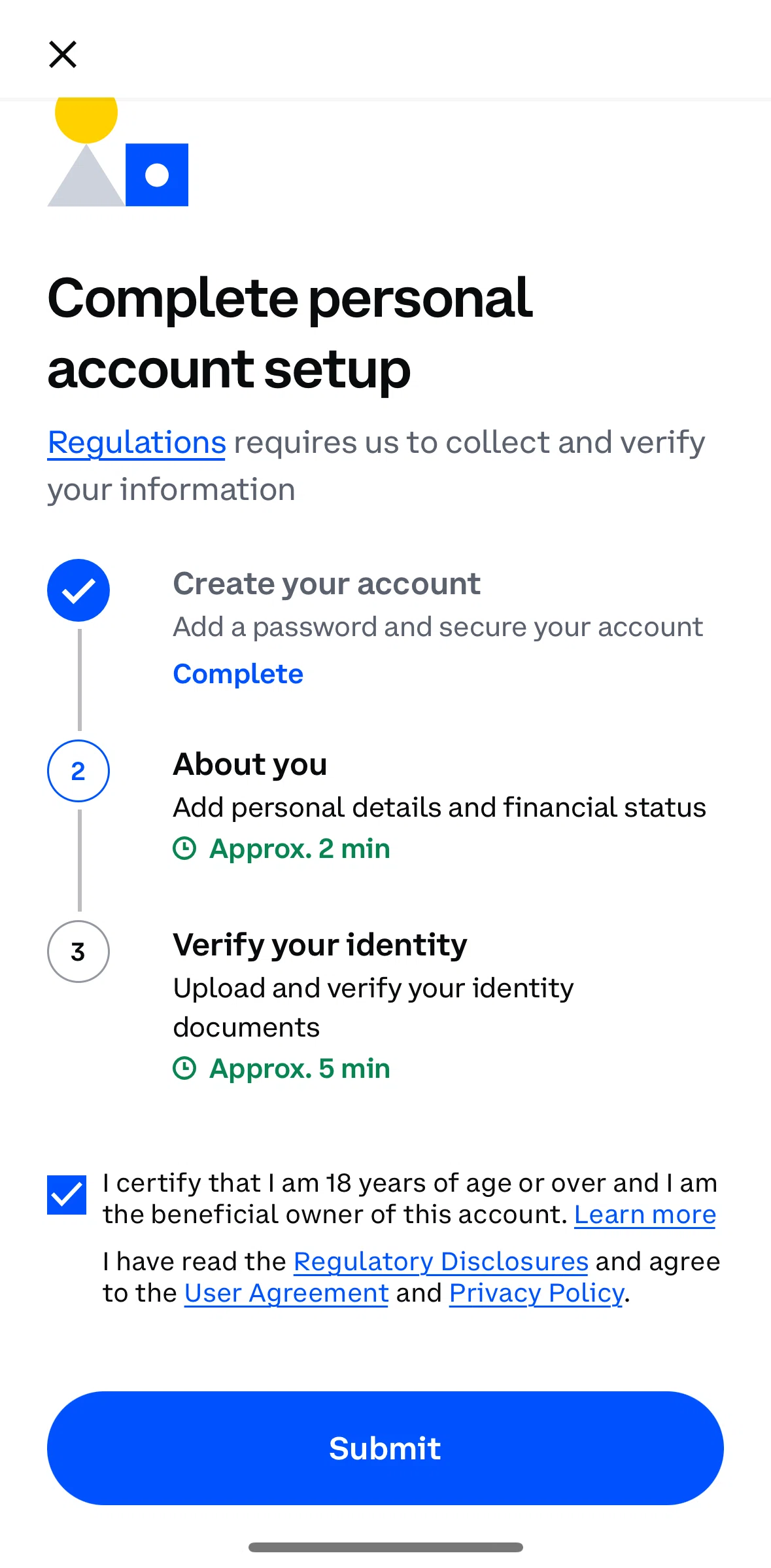 Coinbase Screen screen in the Setting up account flow