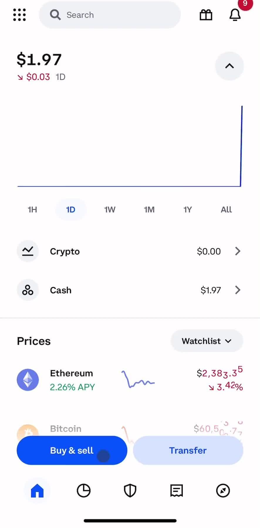 Coinbase Home screen in the Setting Up Recurring Buys flow