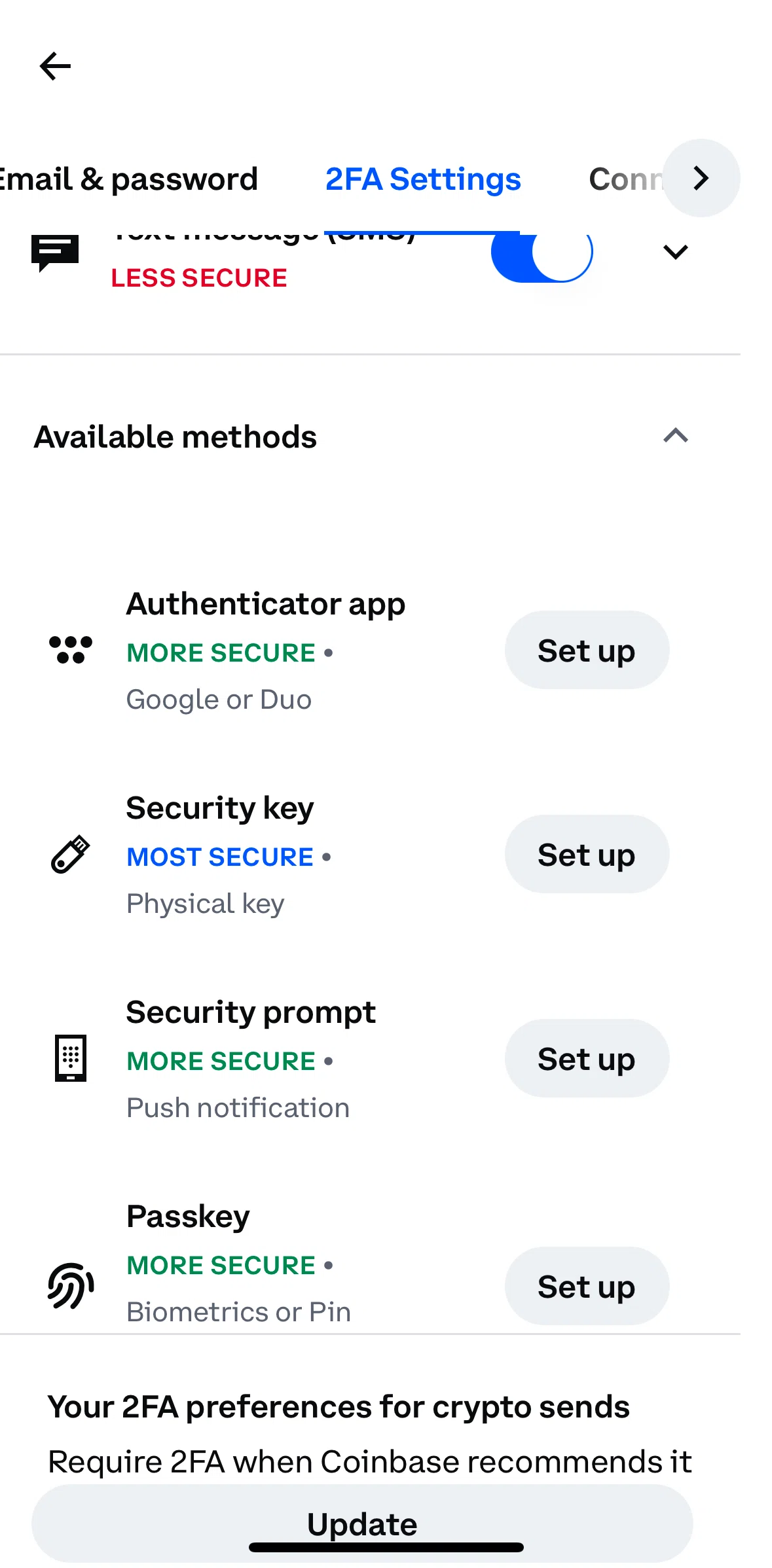 Coinbase Screen screen in the Setting up two-factor authentication flow