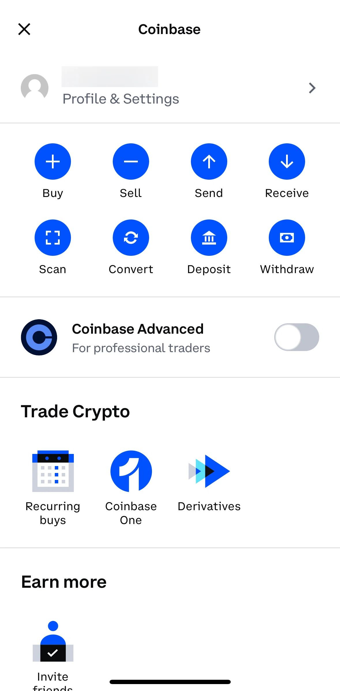 Coinbase Screen screen in the Switching to Coinbase Advanced flow