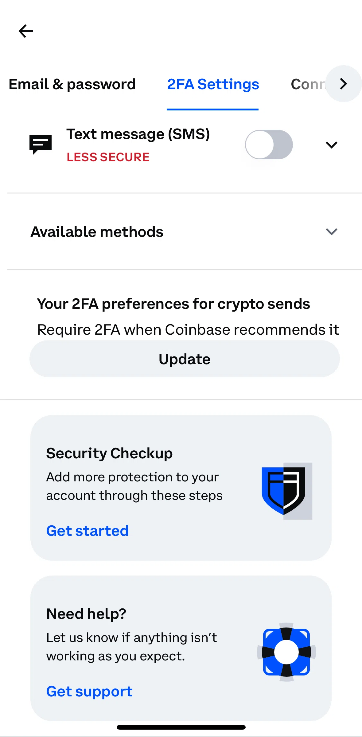Coinbase Screen screen in the Update two-factor verification flow