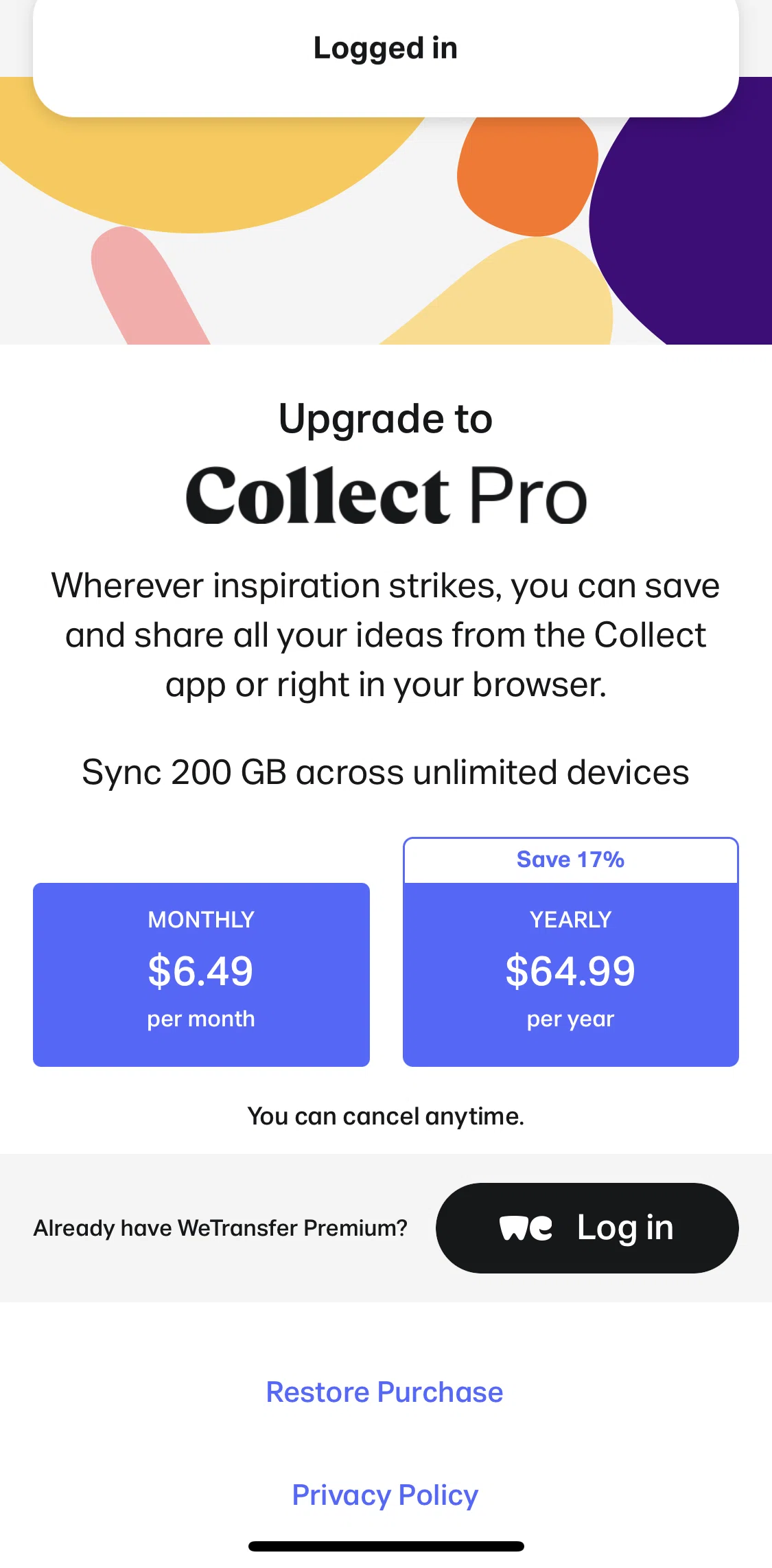 Collect Screen screen in the Subscribing to Collect Pro flow