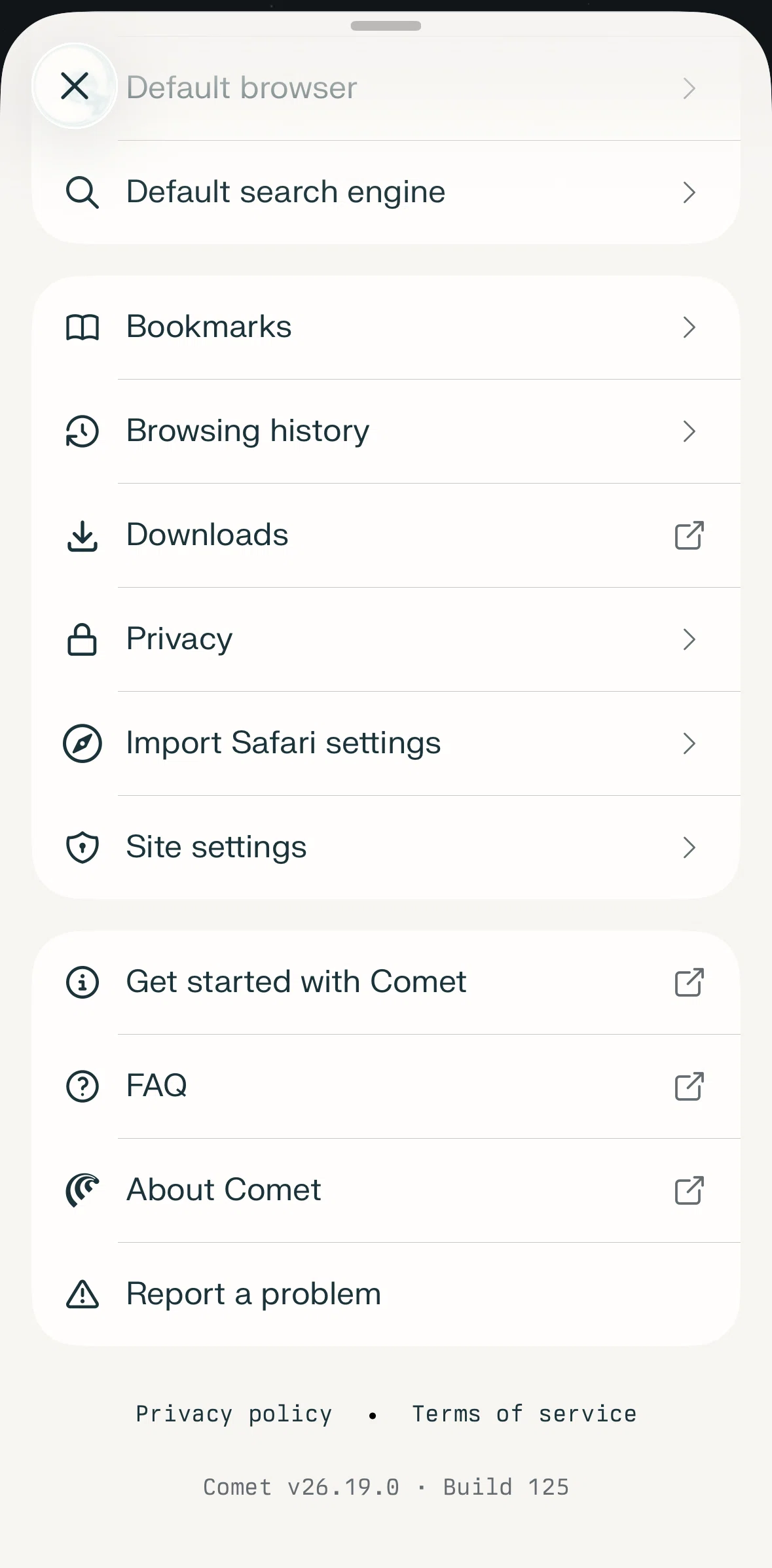 Comet Screen screen in the Changing site settings flow