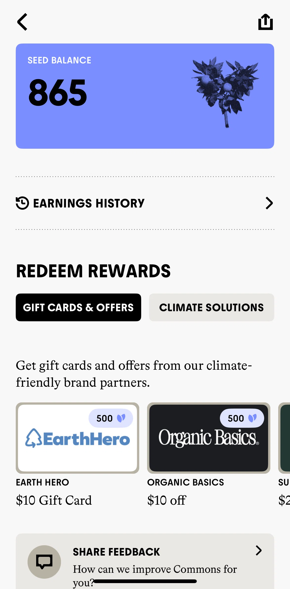 Commons Screen screen in the Earnings history flow