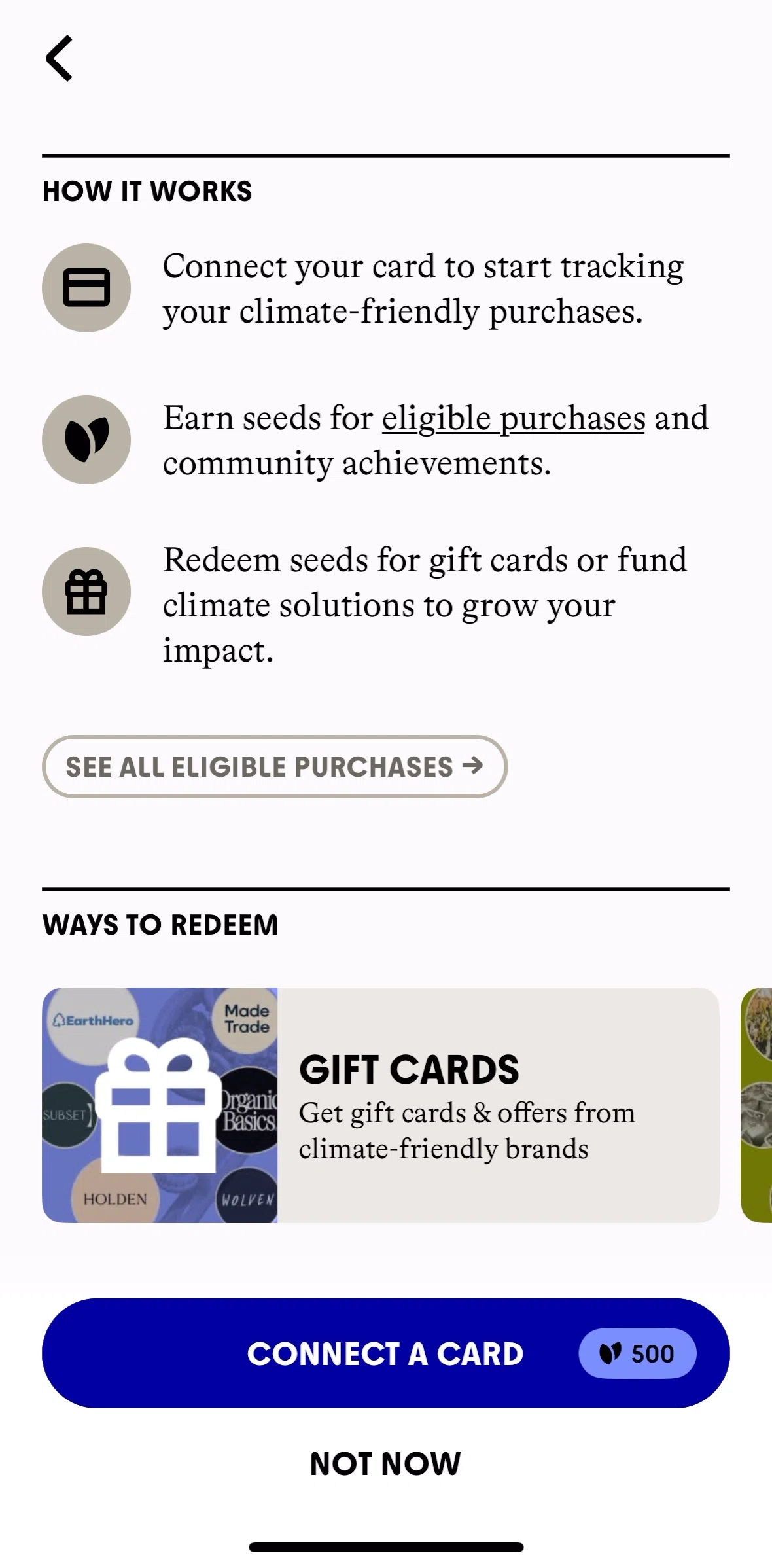 Commons Screen screen in the Eligible purchases flow