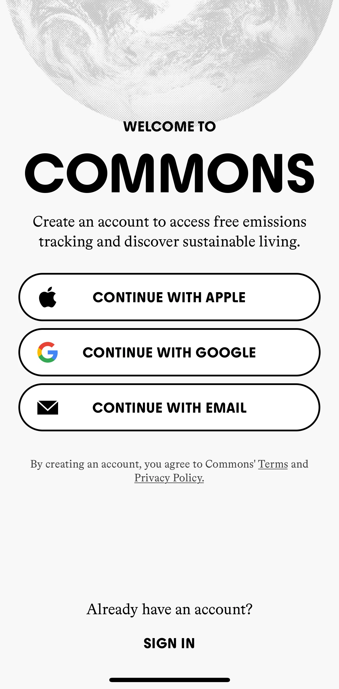Commons Screen screen in the Logging in flow