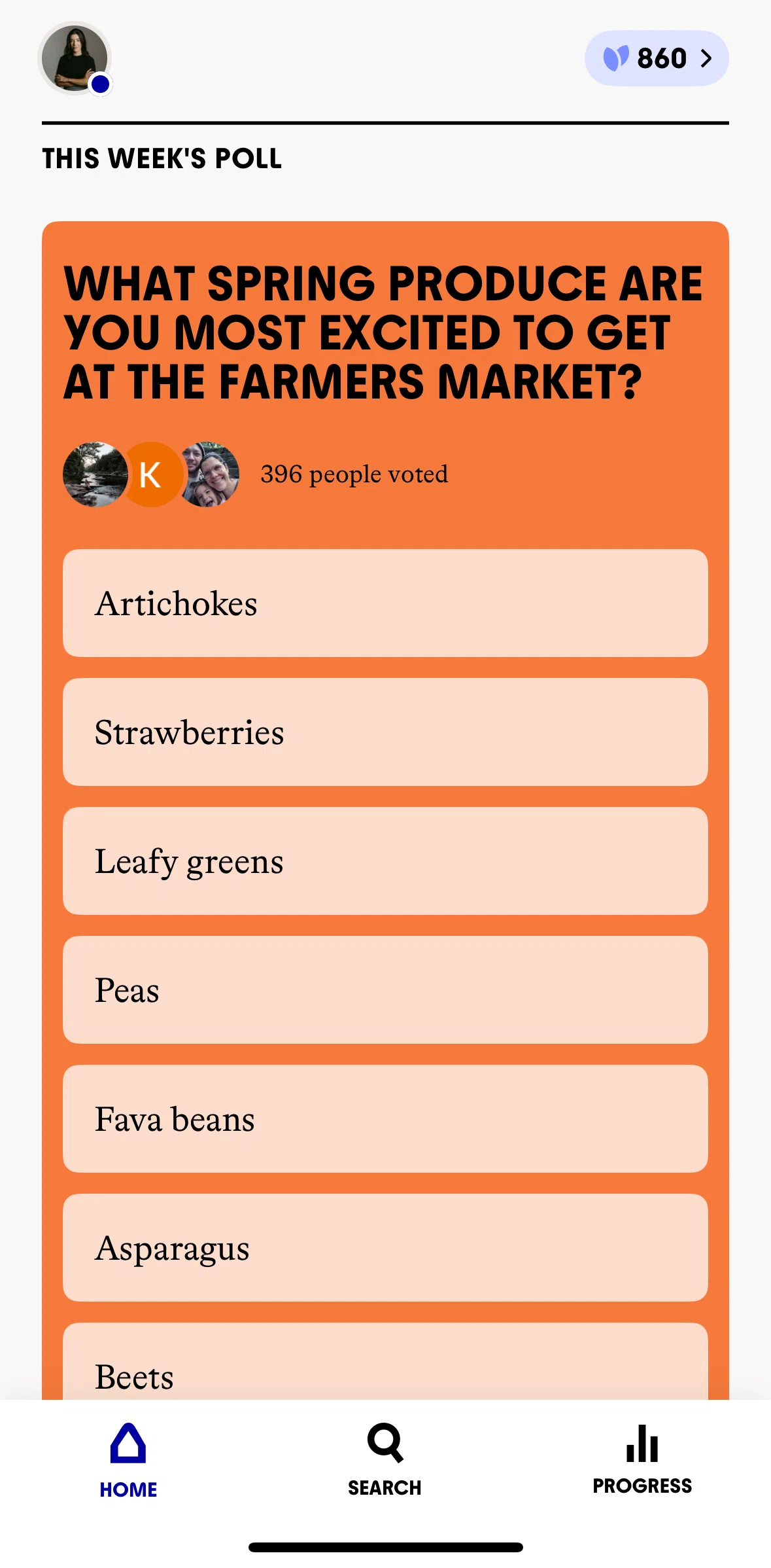 Commons Screen screen in the Voting in a poll flow