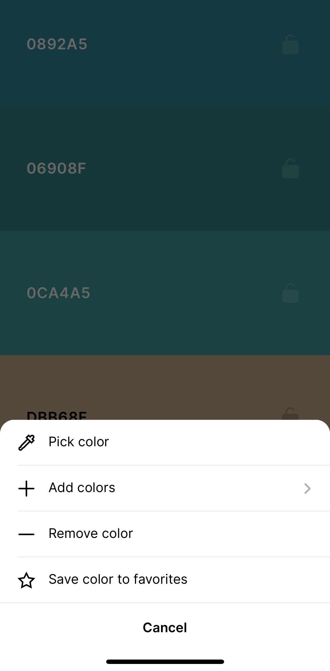 Coolors Action menu screen in the General Browsing flow