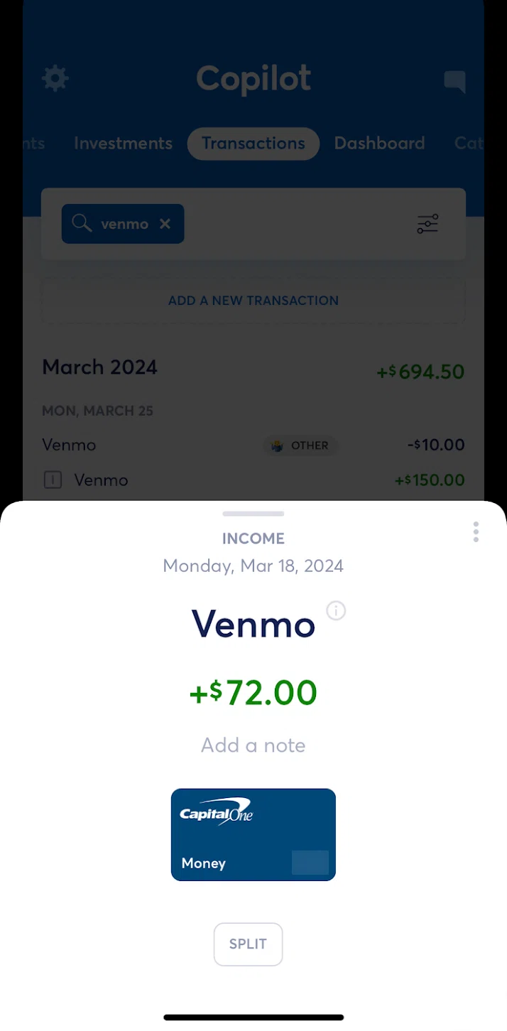 Copilot Money Screen screen in the Adding a note flow