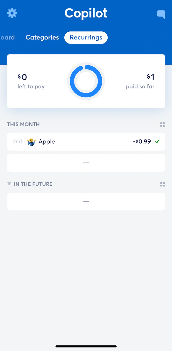 Copilot Money Screen screen in the Adding a recurring transaction flow