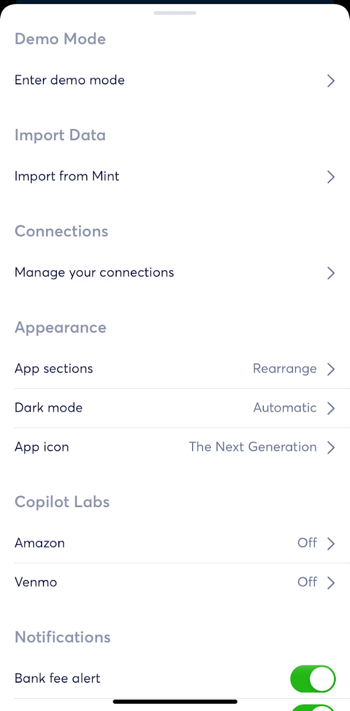 Copilot Money Screen screen in the Entering demo mode flow