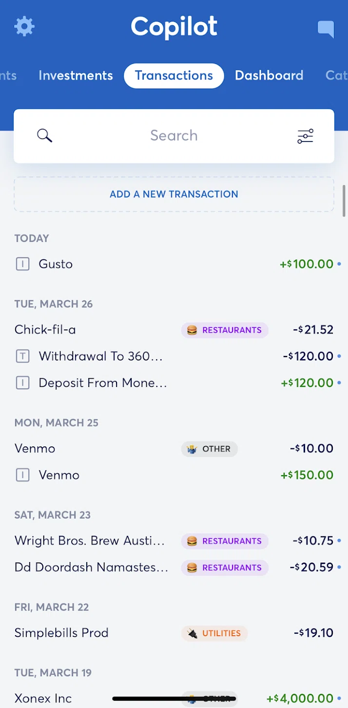 Copilot Money Screen screen in the Filtering transactions flow