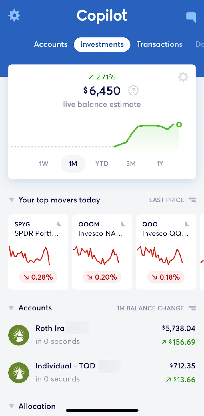 Copilot Money Screen screen in the Investment account detail flow