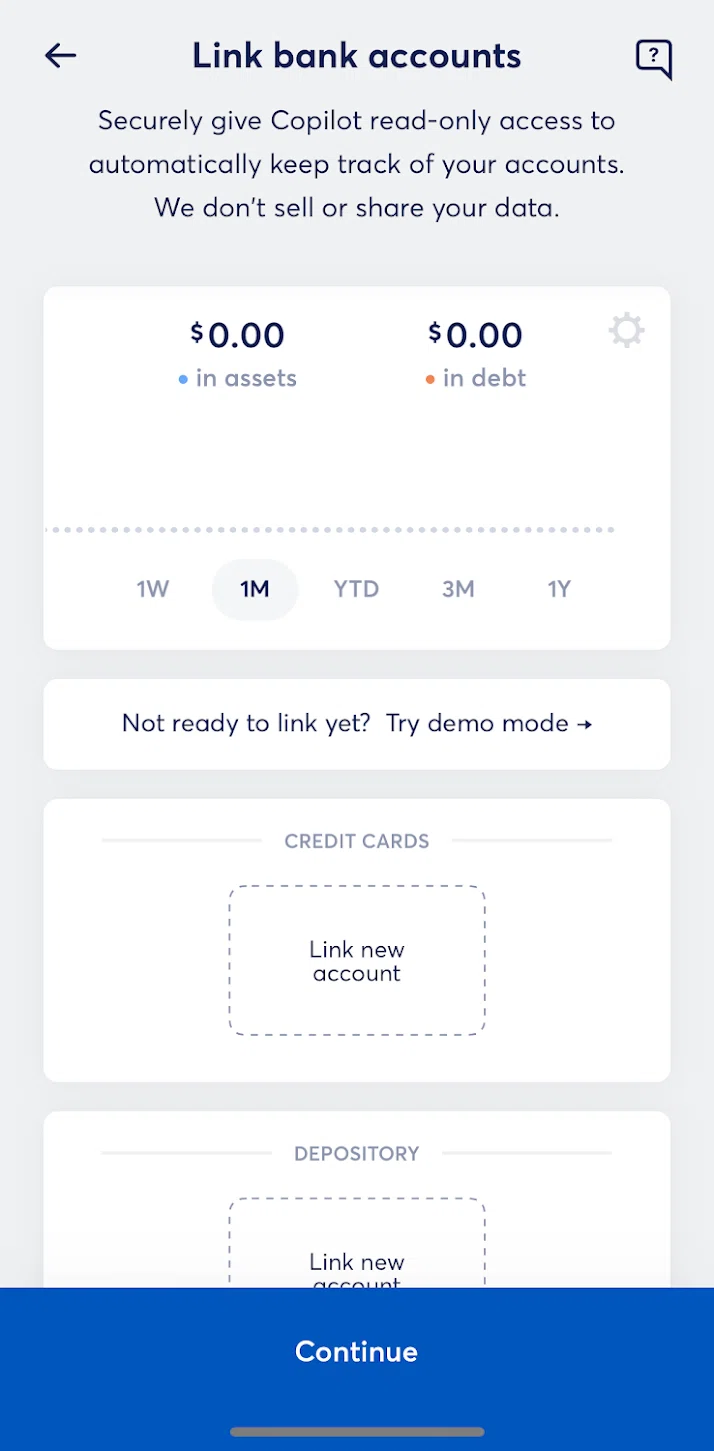 Copilot Money Screen screen in the Linking a bank account flow