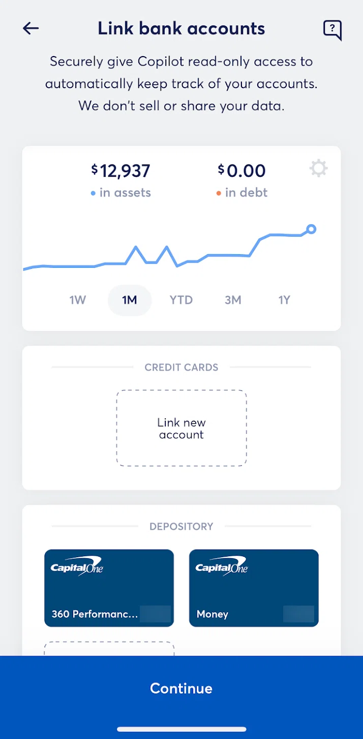 Copilot Money Screen screen in the Linking an investment account flow
