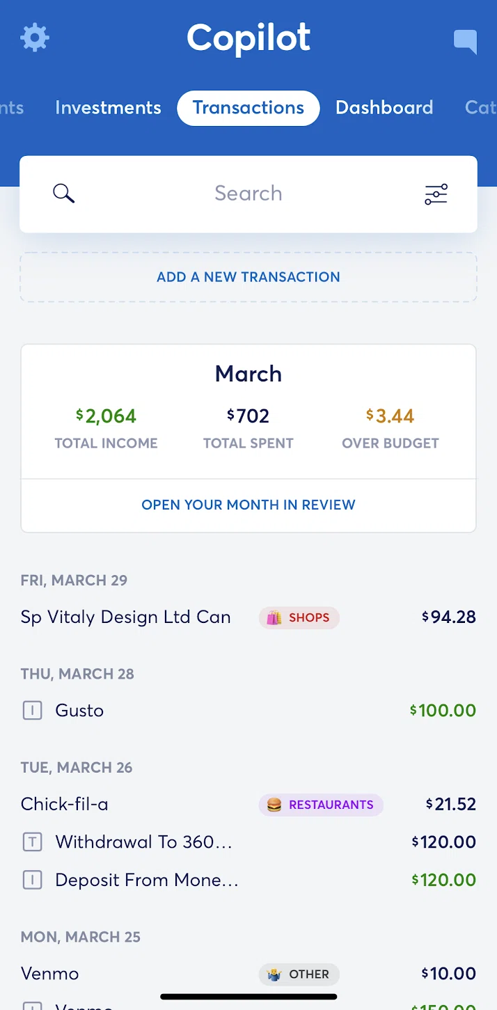 Copilot Money Screen screen in the Month in review flow