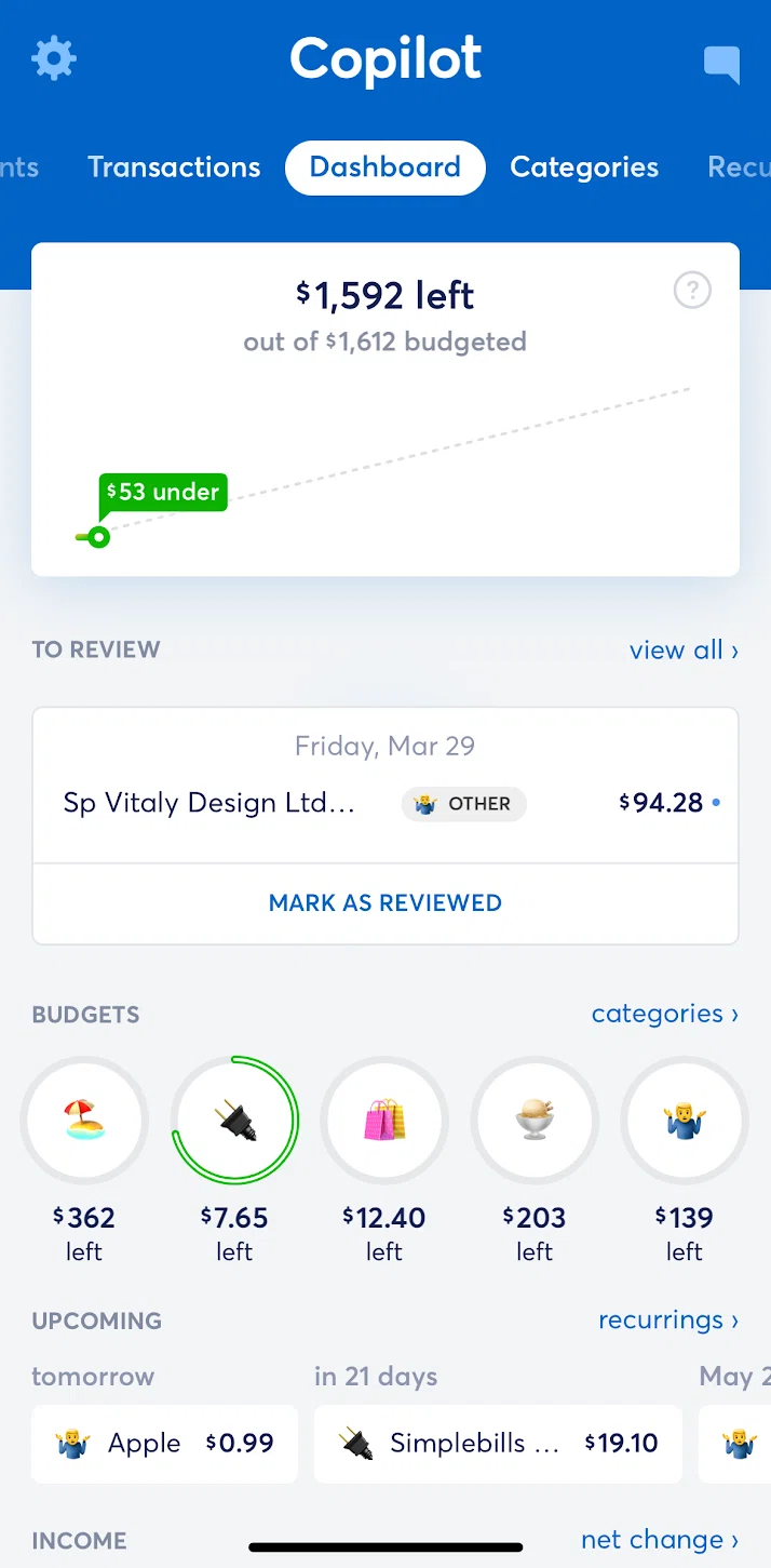 Copilot Money Screen screen in the Reviewing a transaction flow