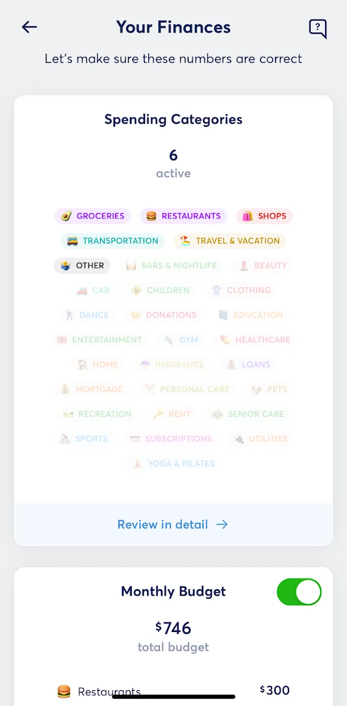 Copilot Money Screen screen in the Spending categories flow