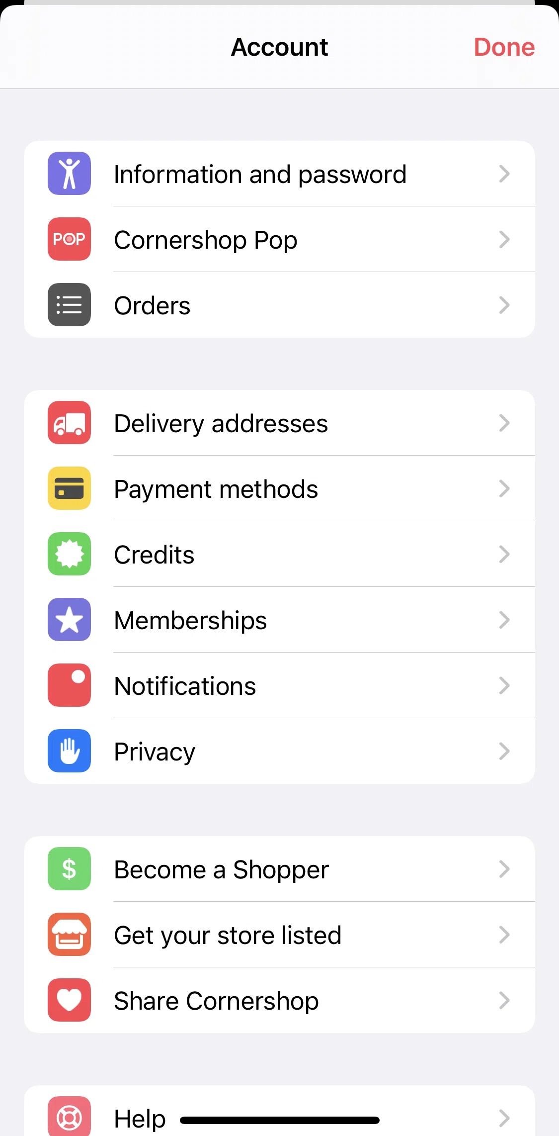 Cornershop Screen screen in the Account & Settings flow