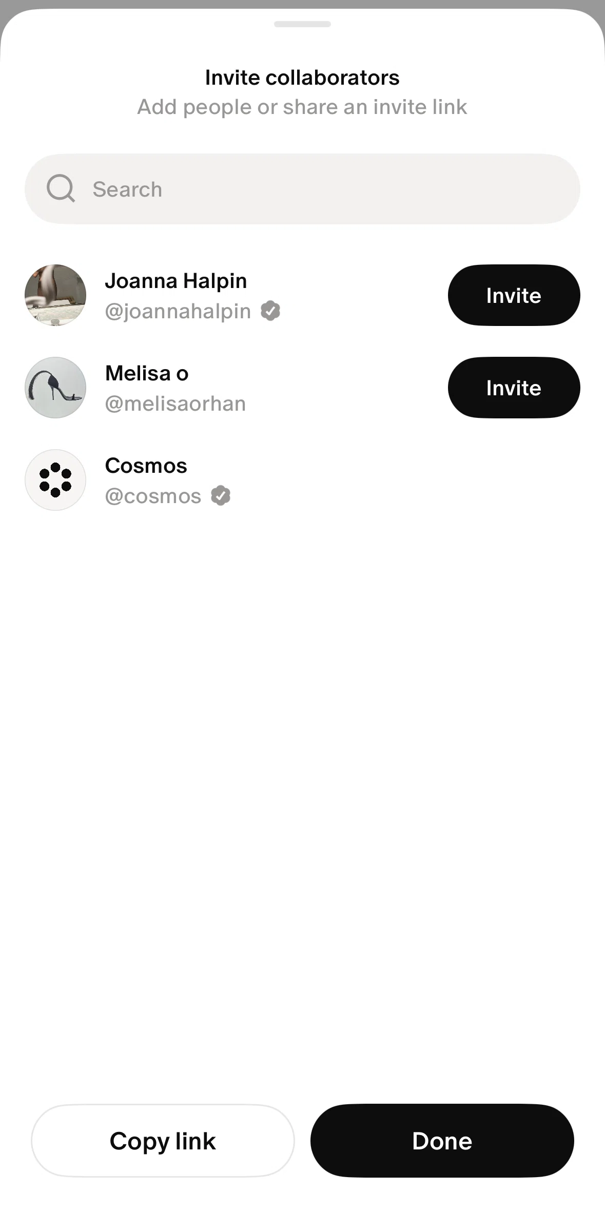 Cosmos Screen screen in the Copying an invitation link flow