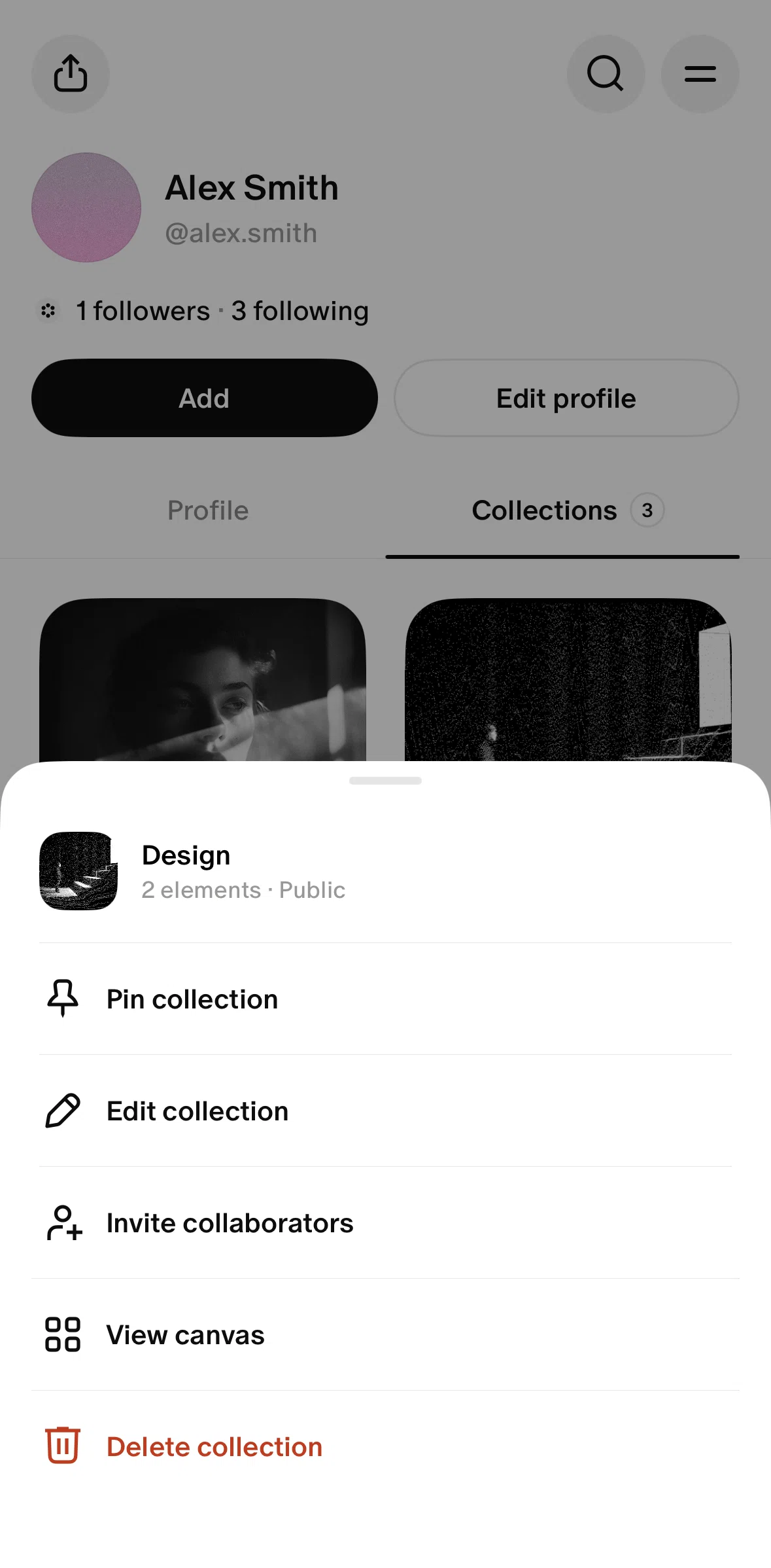 Cosmos Screen screen in the Editing a collection flow