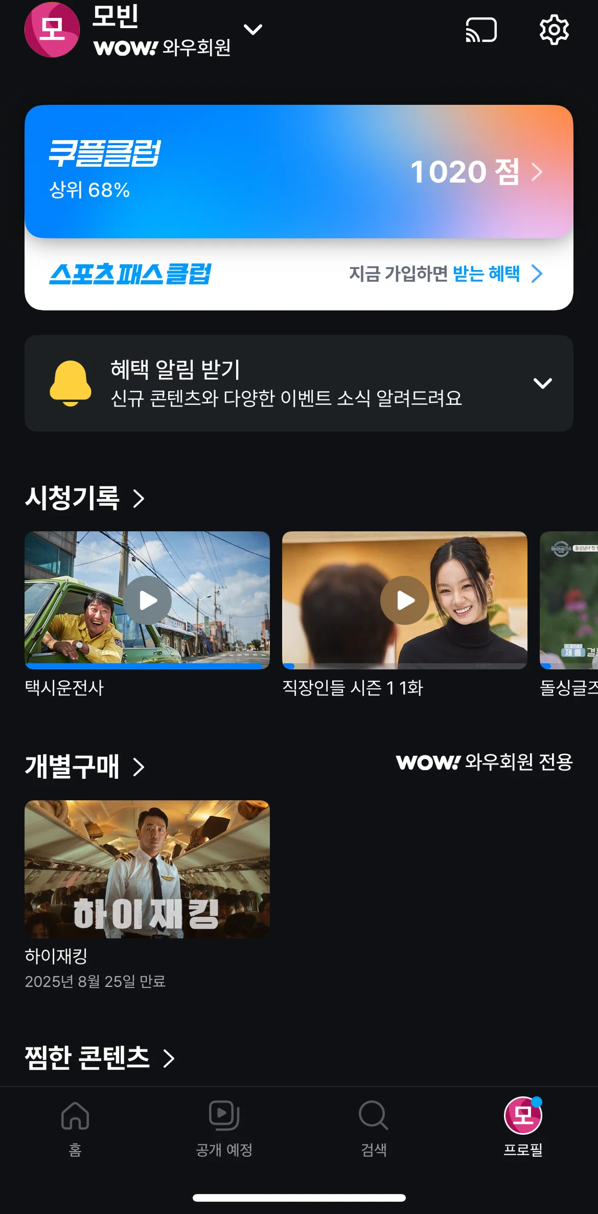 Coupang Play Screen screen in the History flow