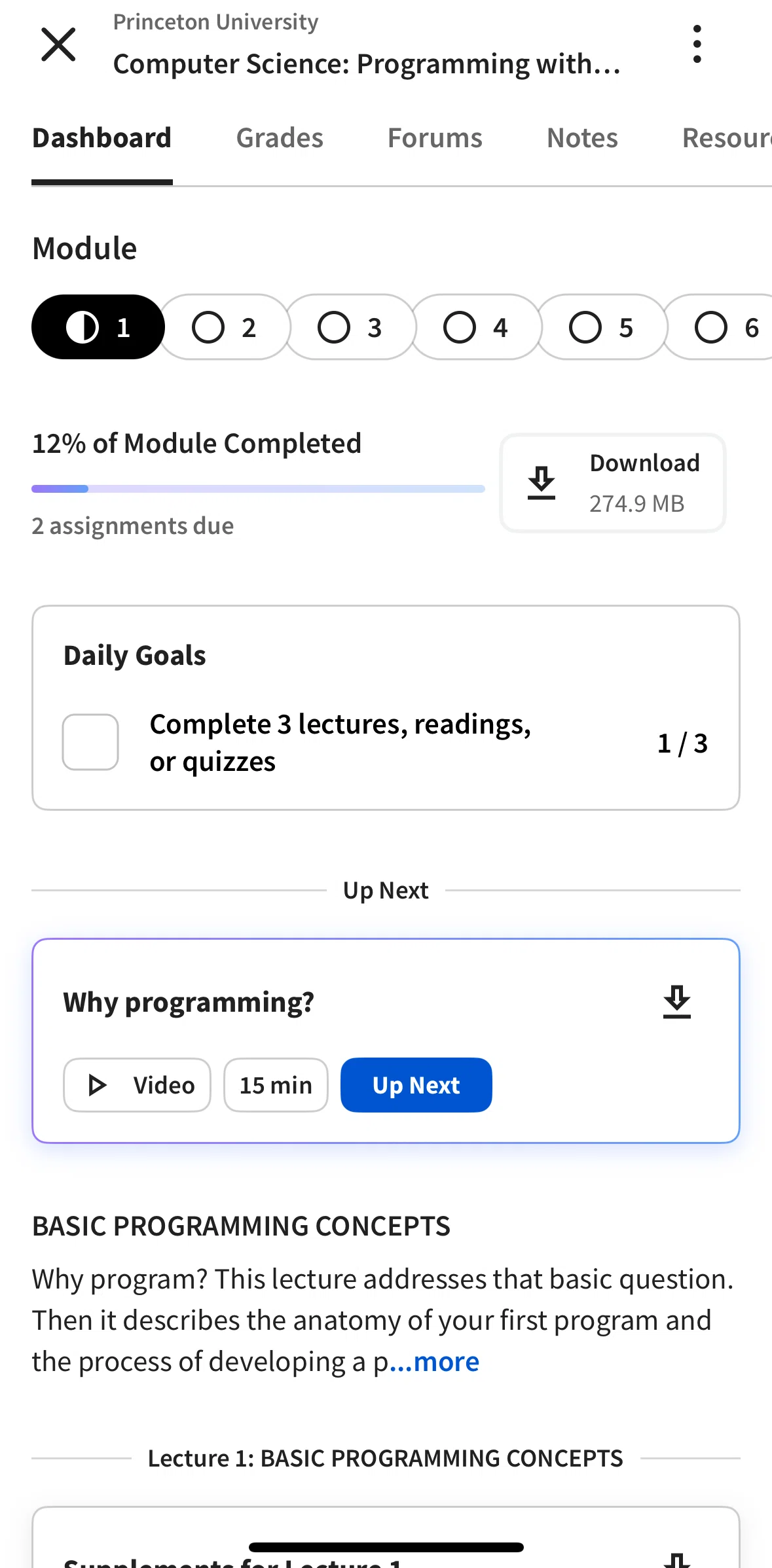 Coursera Screen screen in the Downloading a module flow