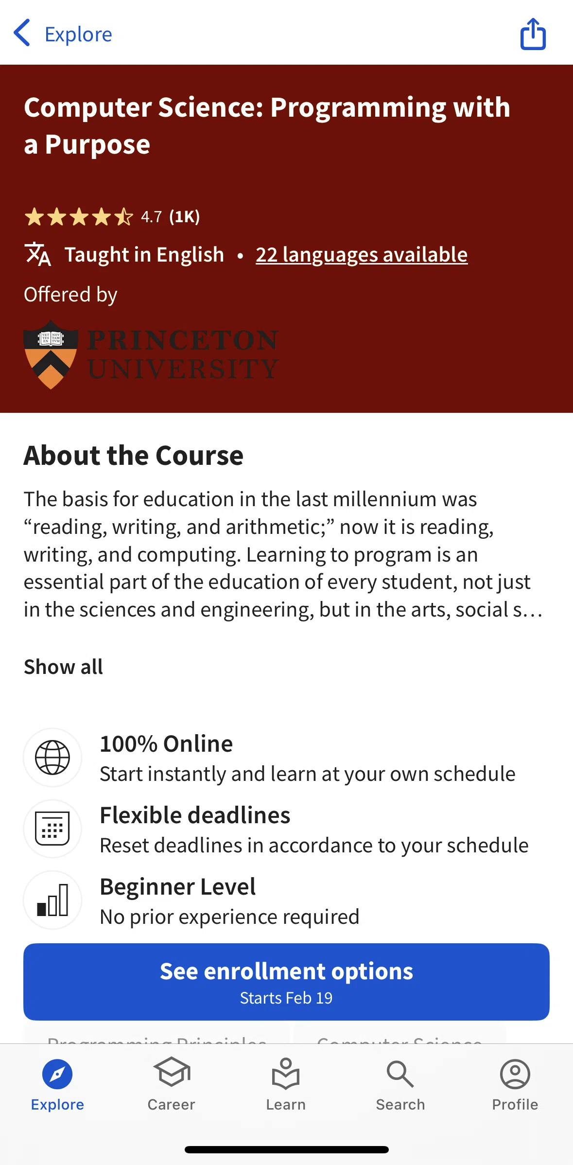 Coursera Screen screen in the Enrolling to a course flow
