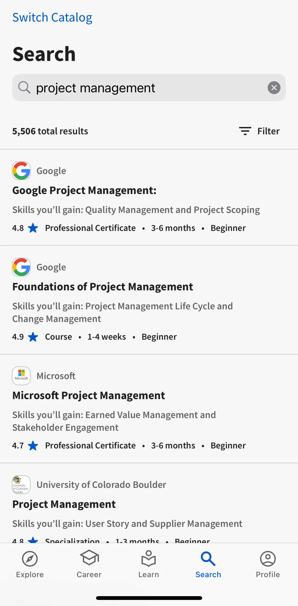 Coursera Screen screen in the Filtering search results flow