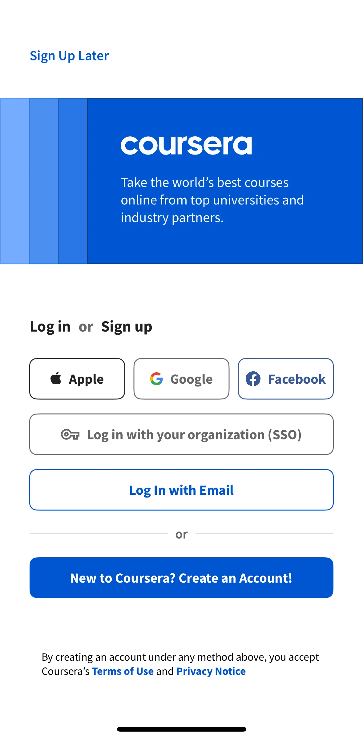 Coursera Screen screen in the Logging in flow