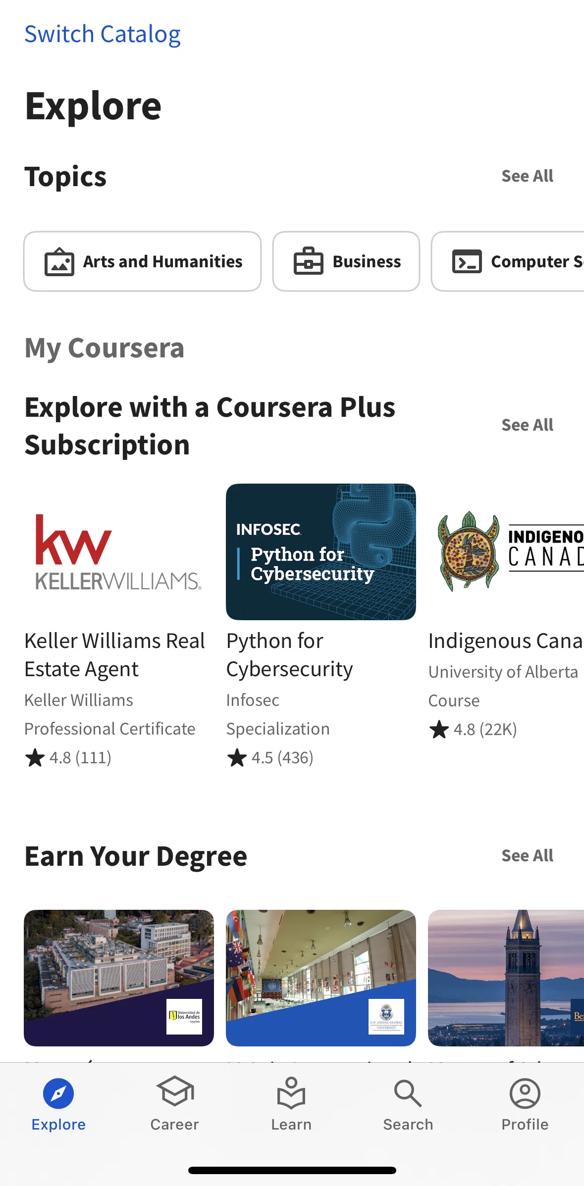 Coursera Screen screen in the Search flow