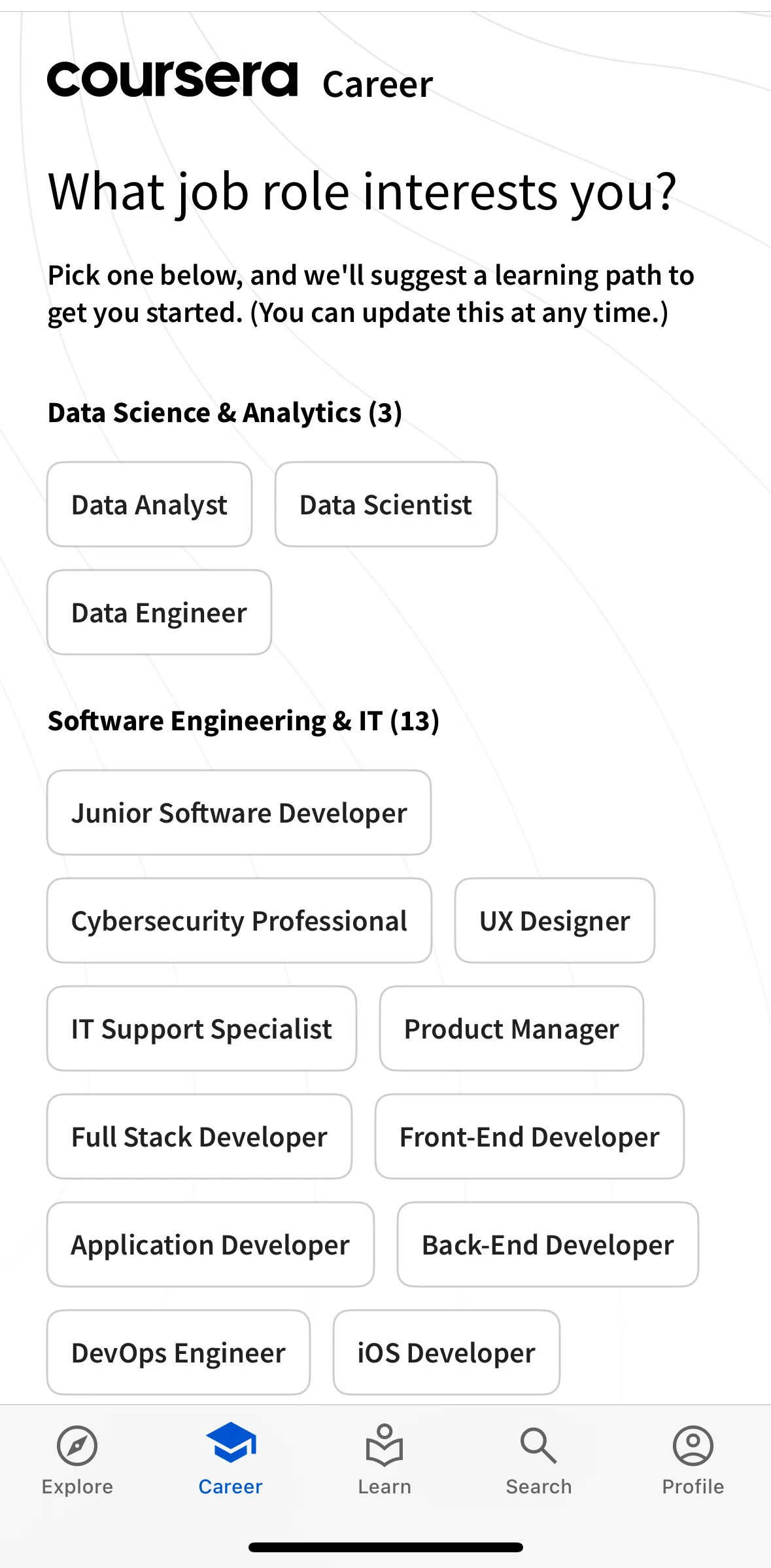 Coursera Screen screen in the Selecting a career flow