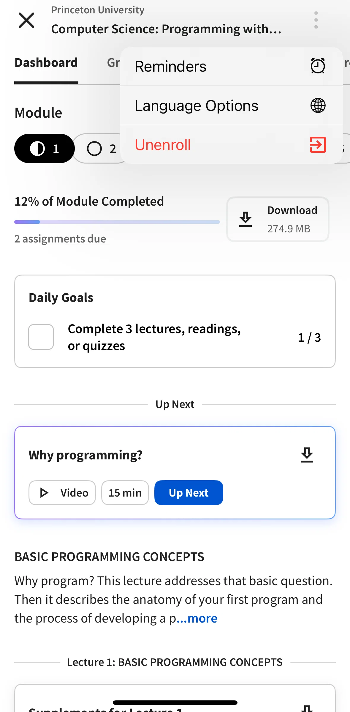 Coursera Screen screen in the Setting a reminder flow