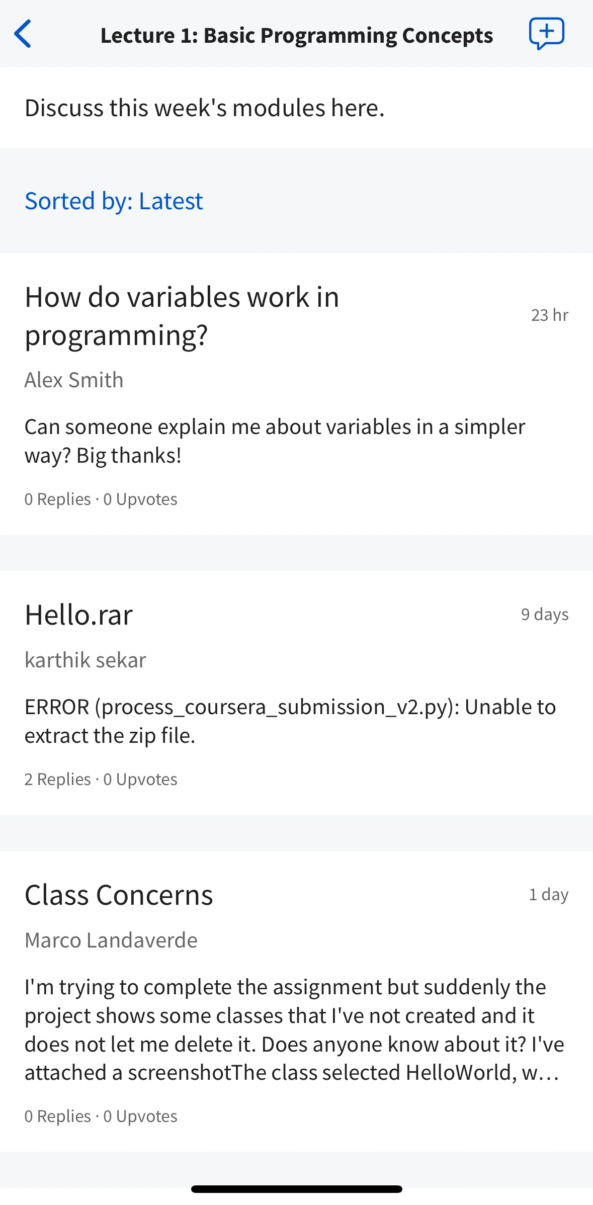 Coursera Screen screen in the Sorting forum thread flow