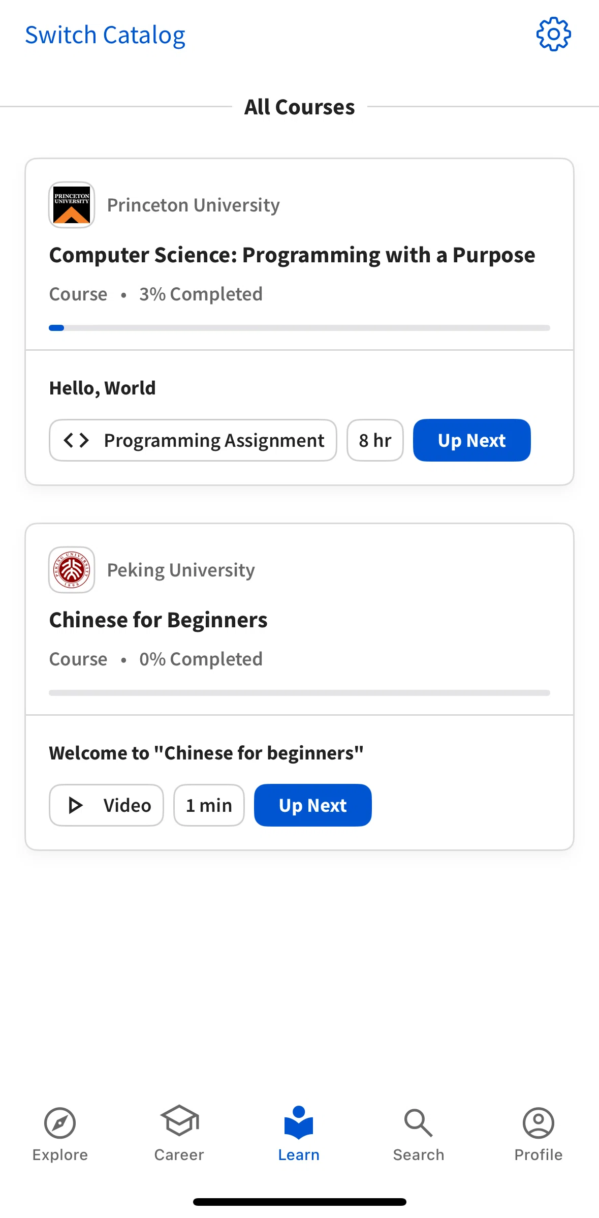 Coursera Screen screen in the Switch catalog flow