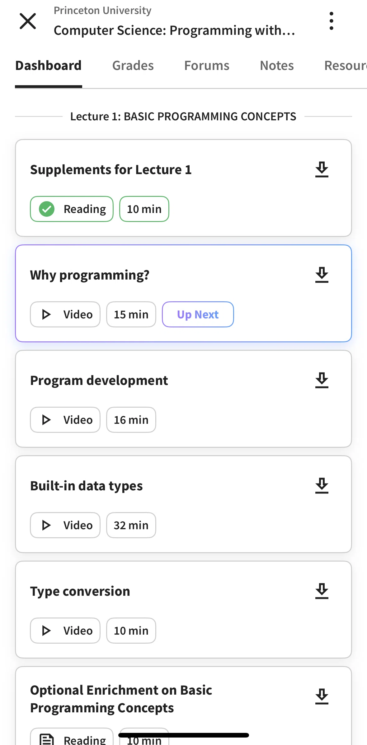 Coursera Screen screen in the Watching a lecture video flow