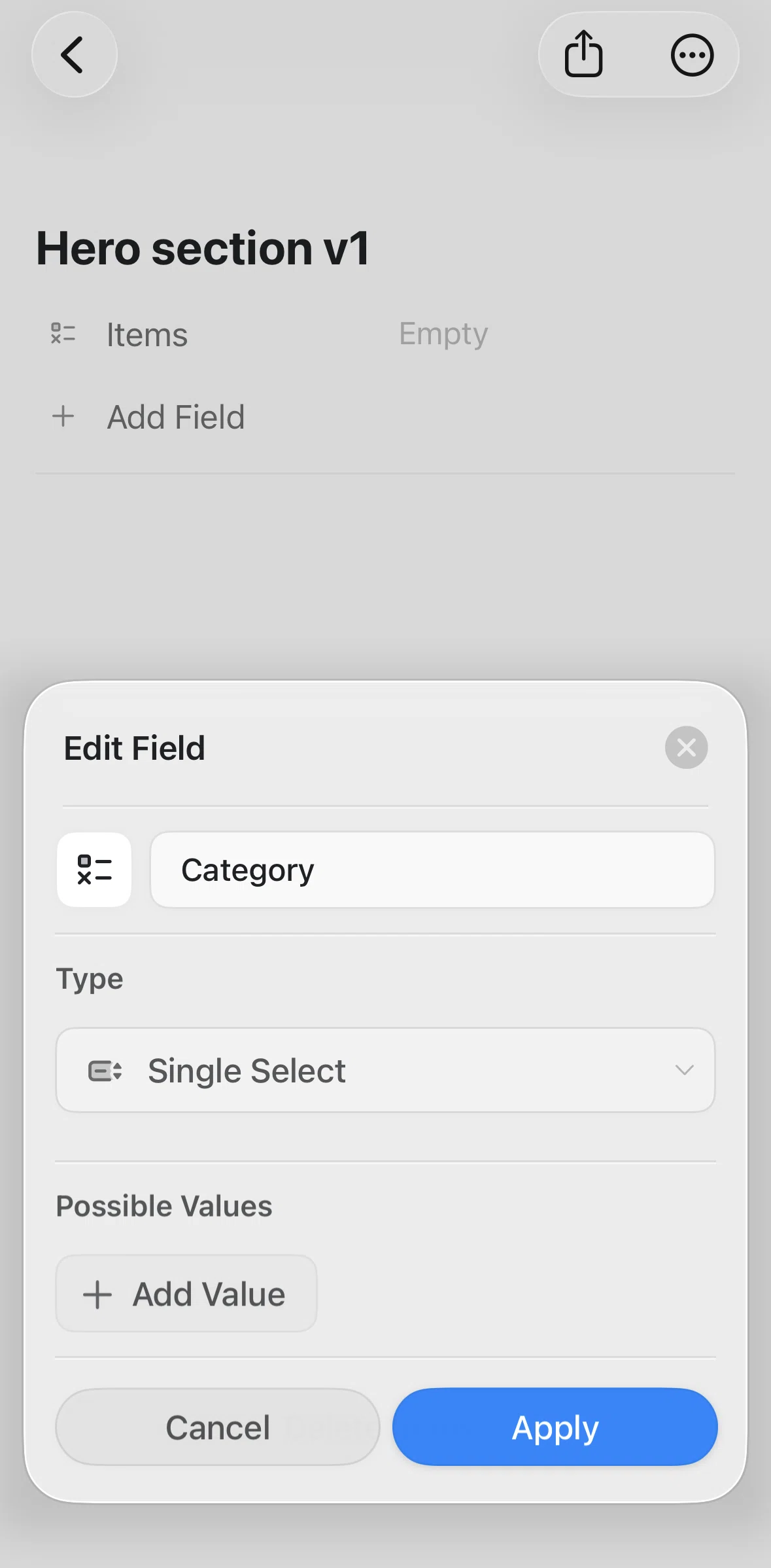 Craft Screen 1 screen in the Adding an option flow