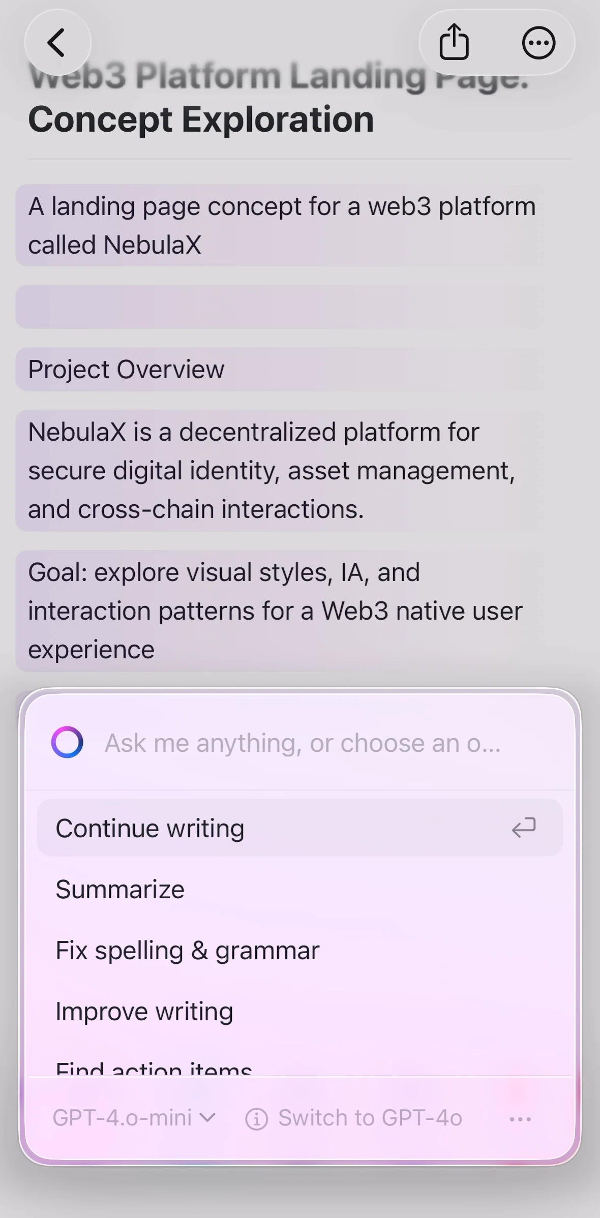 Craft Screen 1 screen in the AI assistant usage flow