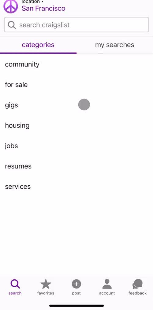 Craigslist Categories screen in the General Browsing flow