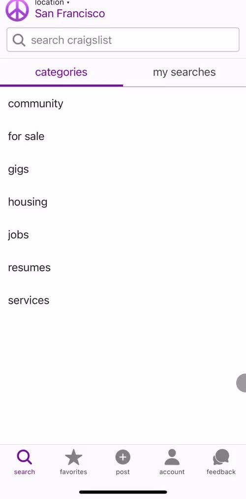 Craigslist Categories screen in the Listing A Product flow