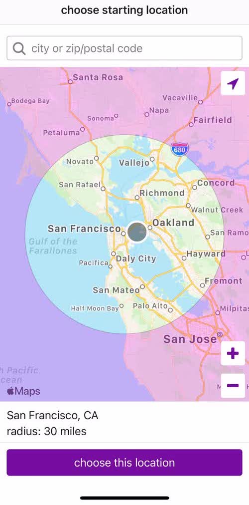 Craigslist Set location screen in the Onboarding flow