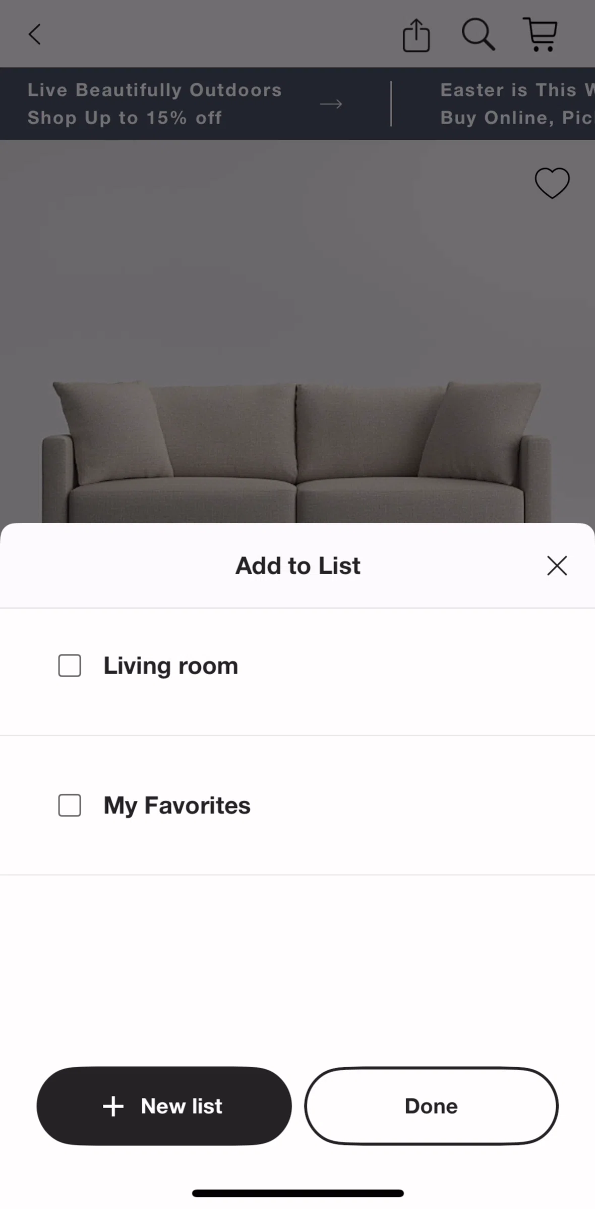 Crate & Barrel Screen screen in the Adding to a list flow
