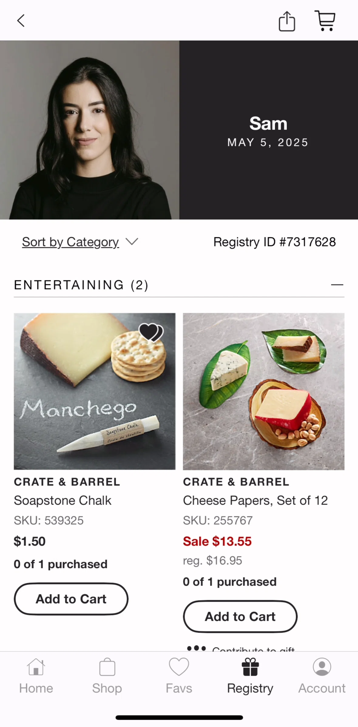 Crate & Barrel Screen screen in the Adding to cart (Registry) flow