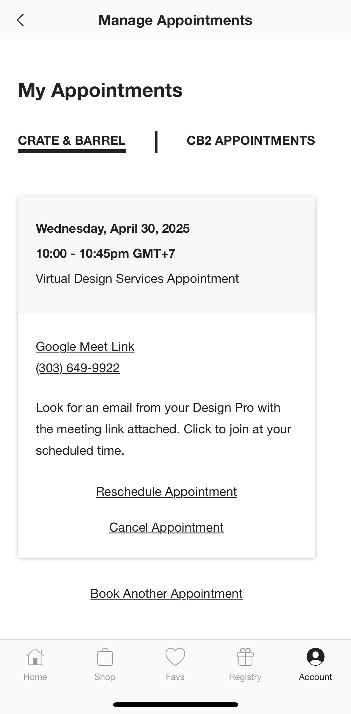 Crate & Barrel Screen screen in the Canceling an appointment flow