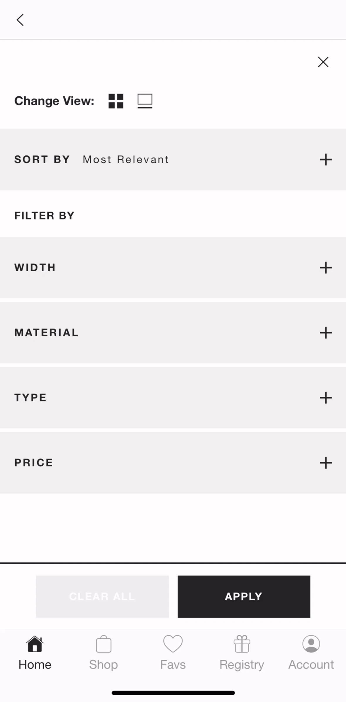 Crate & Barrel Screen screen in the Changing view flow