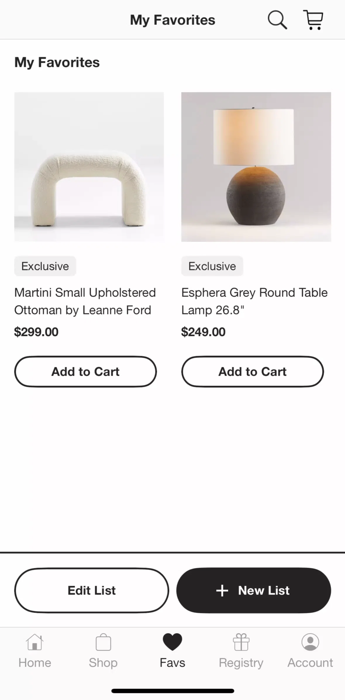Crate & Barrel Screen screen in the Creating a new list flow