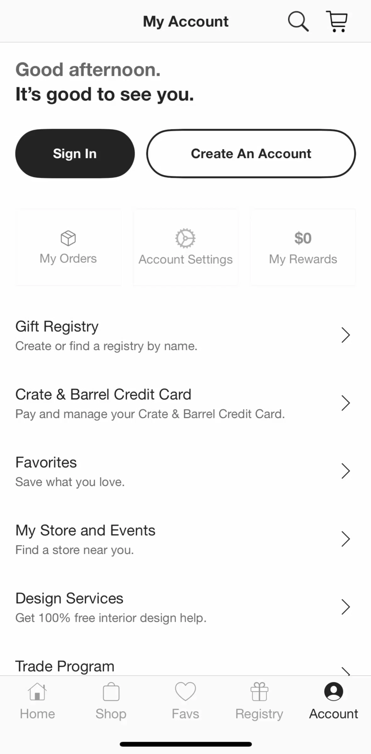 Crate & Barrel Screen screen in the Logging in flow