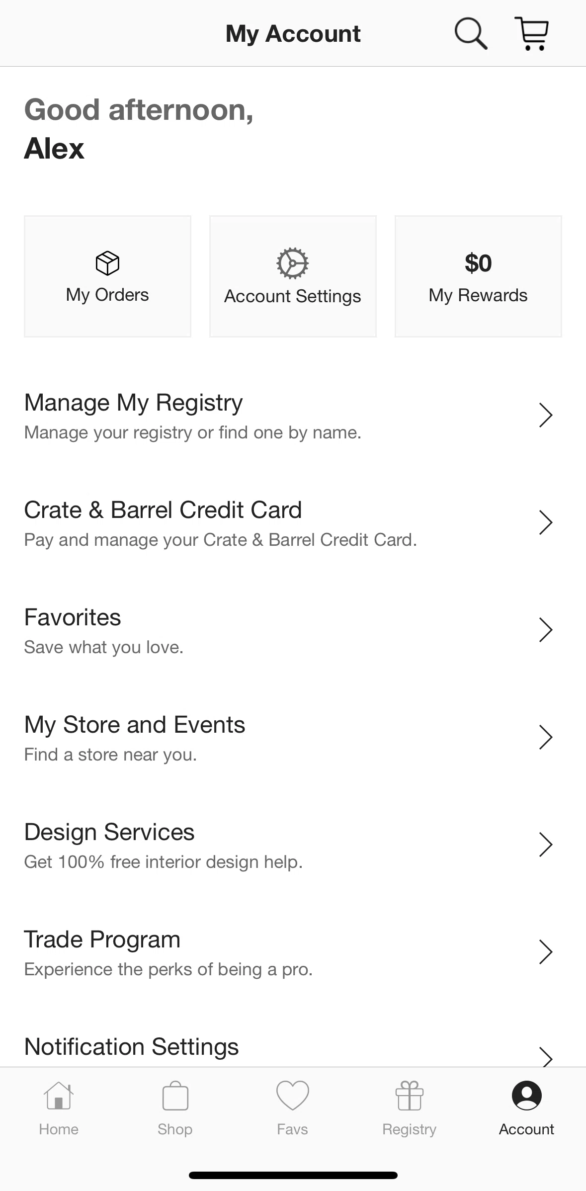 Crate & Barrel Screen screen in the My rewards flow