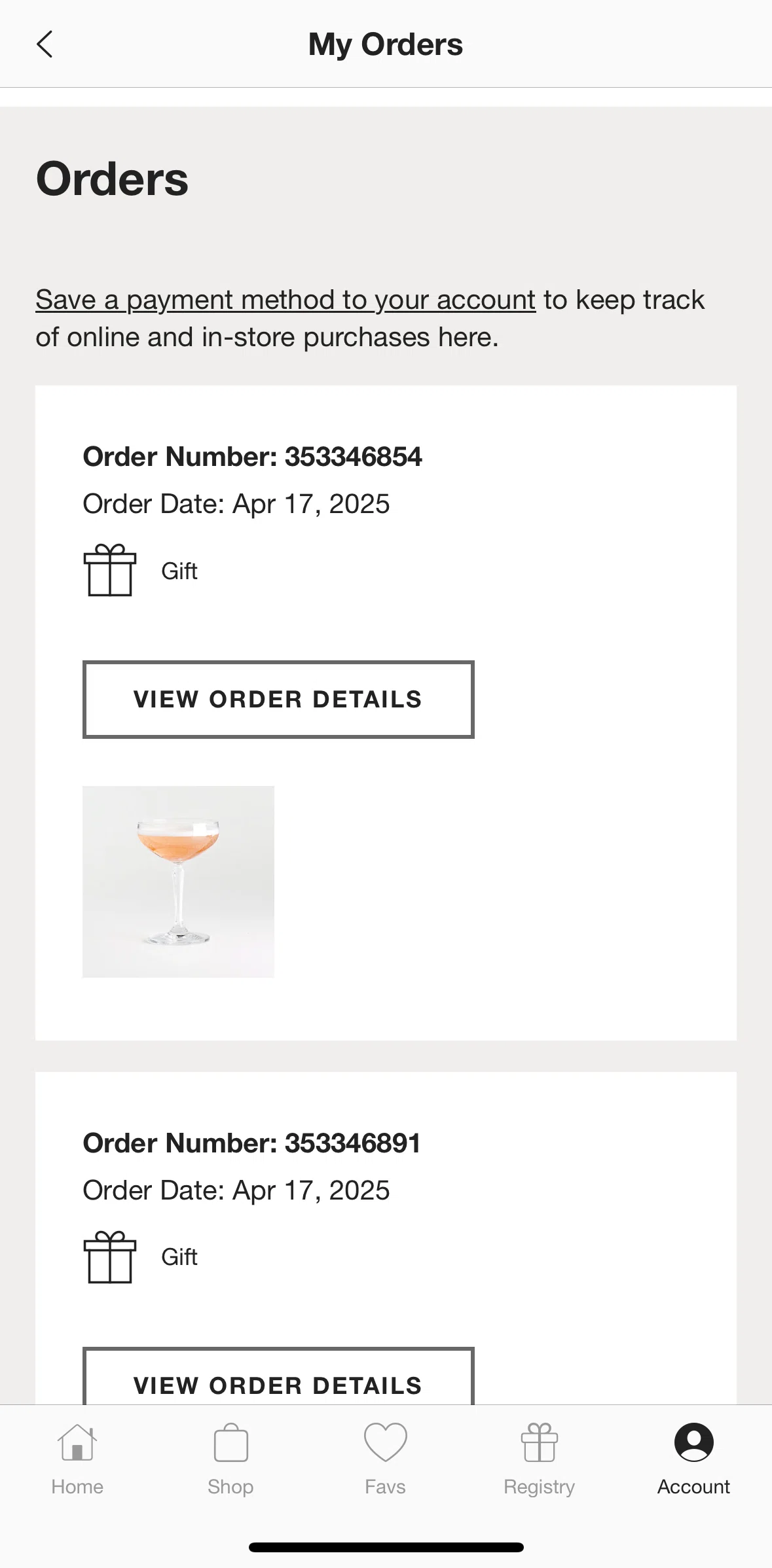 Crate & Barrel Screen screen in the Order details flow